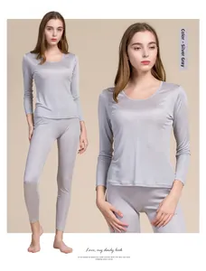 Detailed view of silver gray silk thermal underwear set with seamless round neckline