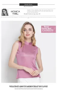 Detail of slim fit silk sleeveless top in dusty rose color with satin sheen finish