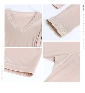 Detailed views of V-neck floral lace trim and ribbed texture on silk thermal underwear