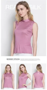 Detail of lavender mulberry silk sleeveless top showing high neck and back cutout
