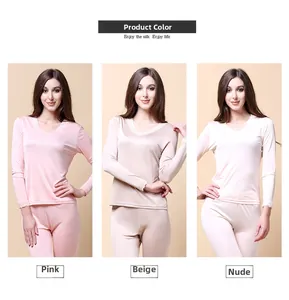 V-neck silk thermal underwear set with lace trim shown in pink, beige and nude colors