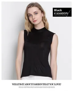 Detailed view of women's black sleeveless silk knit top with elegant mock neck and slim fit