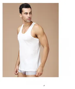 Close-up of white silk knit tank top for men with breathable fabric and wide shoulder straps