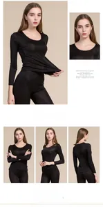 Detail view of black silk thermal underwear set showing front, back, and fabric elasticity