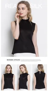 Detail of slim fit silk mock neck tank top with back cutout button closure