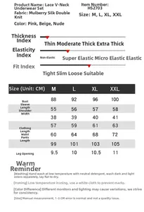 Detailed size guide for silk thermal underwear set with lace V-neck and dimensions