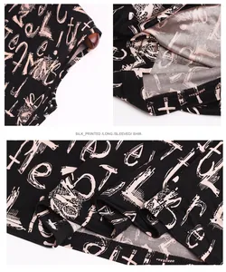 Detail view of the stitching quality and fabric texture on a silk printed long-sleeved shirt