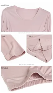 Detailed views of neckline, cuffs, and hem of silk thermal underwear for women
