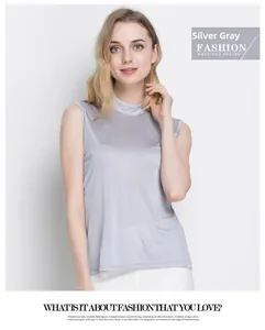 Detailed view of mock-neck silver grey silk knit tank top for women with soft sheen