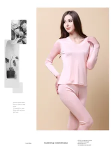 Detail of silk thermal underwear set with elegant lace trim and V-neckline in pink
