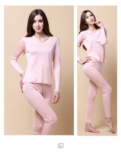 Detail of silk thermal underwear set with elegant lace trim on V-neckline and cuffs