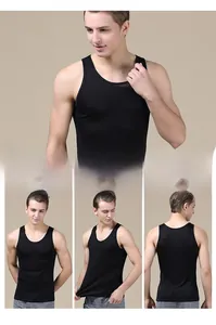 Detail view of four-way stretch silk blend men's black singlet with breathable fabric