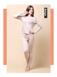 Detail of silk thermal underwear set with elegant lace V-neck and long sleeves