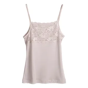 Sleeveless silk camisole for women with floral lace trim in light pink on white background