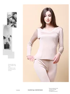 Detail view of thermal silk underwear set with elegant lace trim on cuffs and V-neckline
