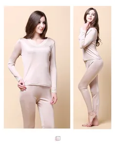 Detail of silk thermal underwear set with elegant white lace trim on the V-neckline