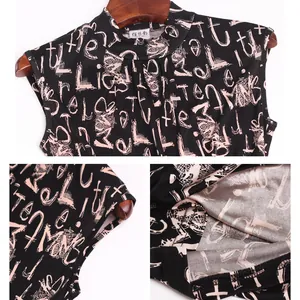 Women's silk knit printed sleeveless top with mock neck and floral graffiti pattern