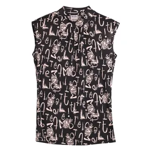 Women's slim fit sleeveless silk knit top with pink letter print and high neck