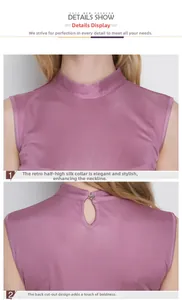 Detail of silk top featuring retro mock neck and elegant back hollow design in mauve pink