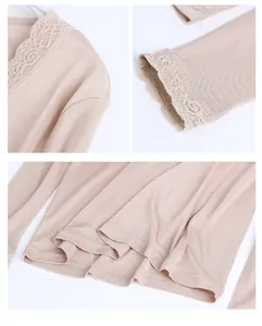Detailed views of V-neck lace trim and sleeve cuffs on a beige silk thermal top