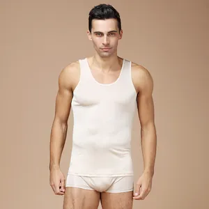 Men's silk knit vest and boxer set in beige, slim fit breathable summer base layer