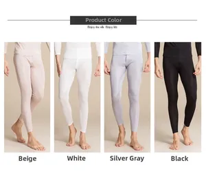 Detail view of four colors of men's silk thermal leggings: beige, white, silver, and black