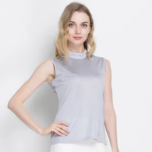Slim fit mulberry silk mock neck sleeveless top in metallic silver grey for women