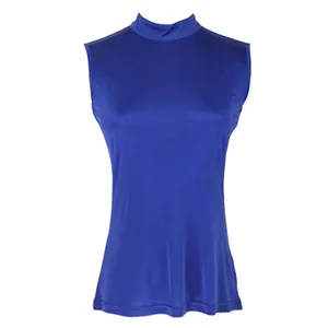 Slim fit royal blue silk sleeveless mock neck top for women in a minimalist knit style
