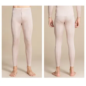 Detailed front and back view of men's slim fit silk knit thermal pants in beige