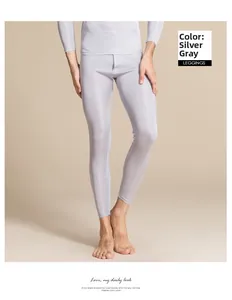 Detailed view of silver grey men's silk knit leggings with slim fit thermal texture