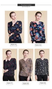Detail view of five different floral print patterns and elegant V-neck designs for women
