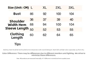 Size chart table for women pure wool sweater with measurements for L to 3XL sizes