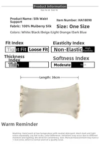 Size chart for 100% mulberry silk waist warmer featuring high elasticity and slim fit design
