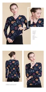 Detail showing the inner lining and colorful circular prints on a blue wool sweater