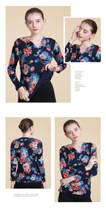 Detailed close-up showing the floral print texture and V-neckline of the wool sweater
