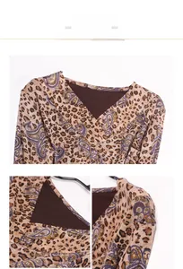 Detail view of V-neck and printed wool sweater with leopard and paisley patterns