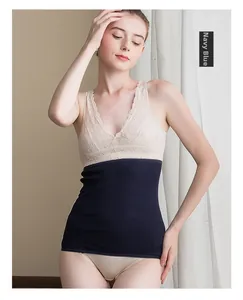 Detail of navy blue thermal silk waist warmer with elegant beige lace V-neck trimming