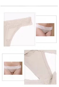 Detail of beige lace thong featuring low-rise cut and breathable silk crotch lining