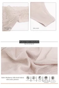 Detail of delicate lace trim and 100% mulberry silk knit fabric on skin-tone thong