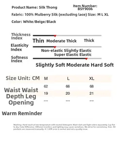 Size chart detail for mulberry silk thong showing M, L, and XL measurements in CM