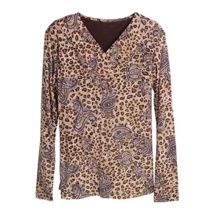 Women's V-neck wool sweater with brown leopard and purple paisley print pattern