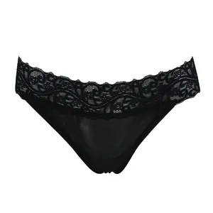 Sexy black mulberry silk thong for women with intricate floral lace and low-rise design