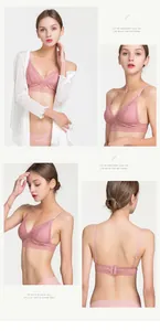 Détails d'une bralette en soie rose avec bonnets triangles et dentelle délicate