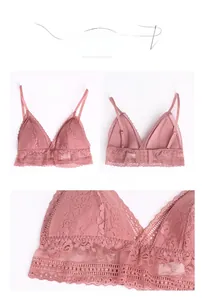 Détail du soutien-gorge en dentelle mauve montrant la broderie et la fermeture double