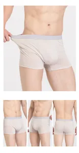 Detailed view of elastic waistband and seamless fit of silk boxer briefs for men