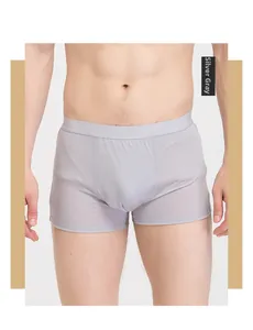 Detail of silver gray silk boxer briefs showing elastic waistband and breathable texture