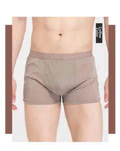 Front view of men's coffee brown silk boxer briefs with wide elastic waistband