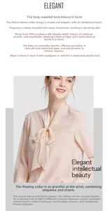 Detail of 100% mulberry silk fabric and pussy-bow necktie on this pink long sleeve shirt