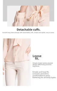 Detail of silk-like champagne blouse with bow-tie neck and adjustable button cuffs