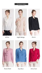 Detailed color selection guide for women silk long sleeve shirts with elegant bow tie collar